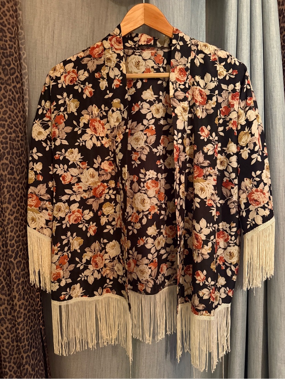 Floral Fringe Kimono Jacket in Black with Cream & Rust Roses